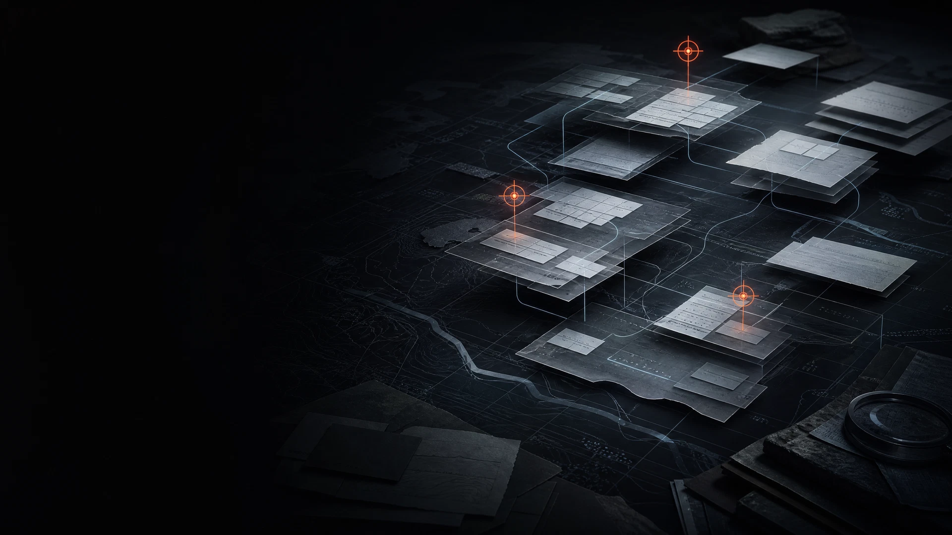 Abstract layered map with marked risk locations